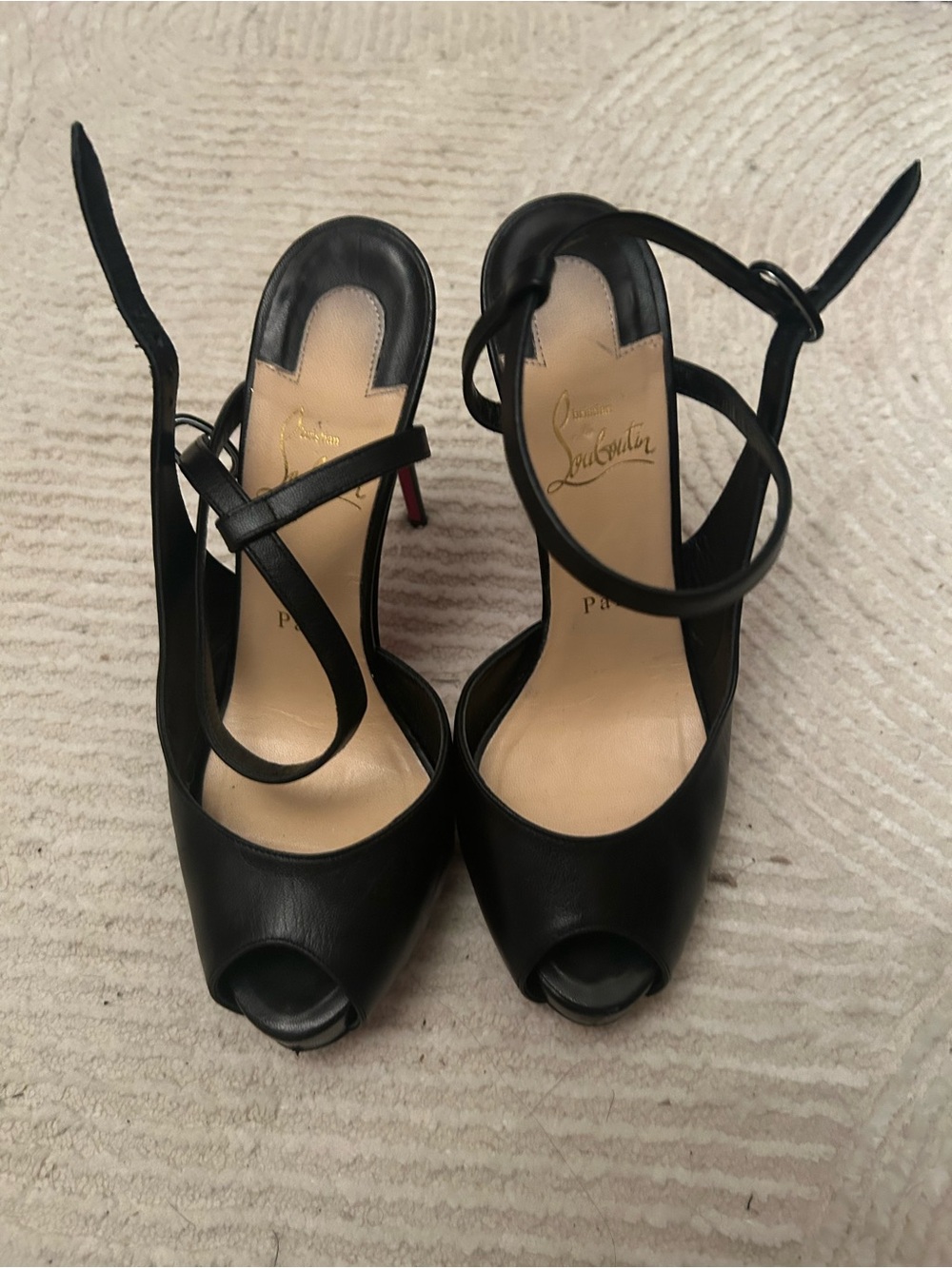 Christian Louboutin Black Leather Peep-Toe Ankle-Strap Heels with Red Sole